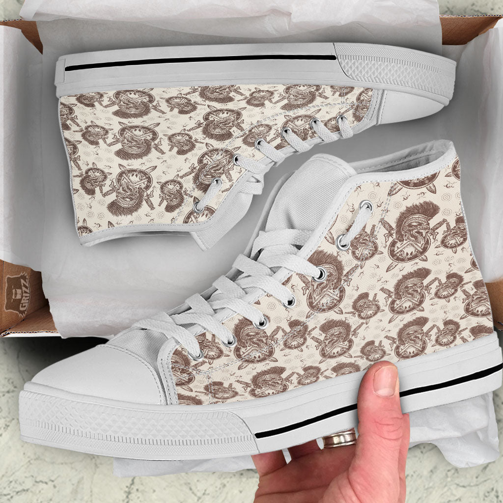 Helmet Spartan Warrior Print Pattern White High Top Shoes-grizzshop