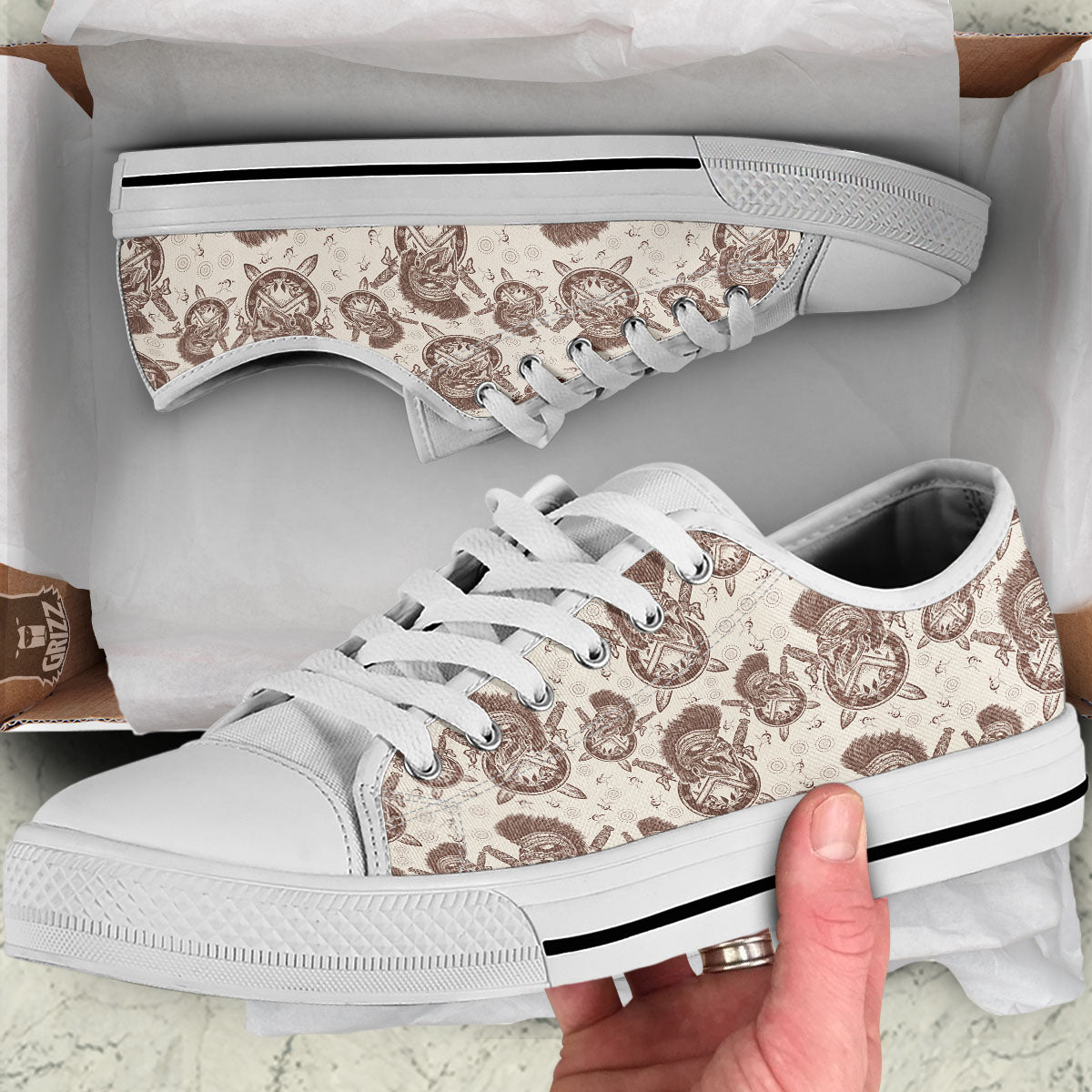 Helmet Spartan Warrior Print Pattern White Low Top Shoes-grizzshop