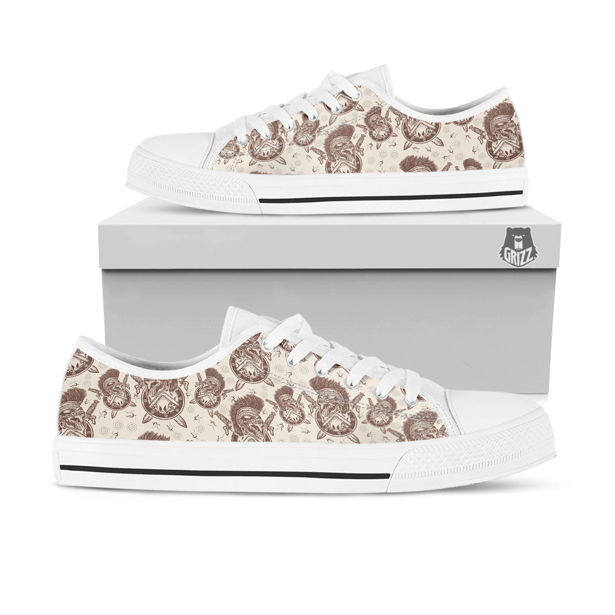 Helmet Spartan Warrior Print Pattern White Low Top Shoes-grizzshop