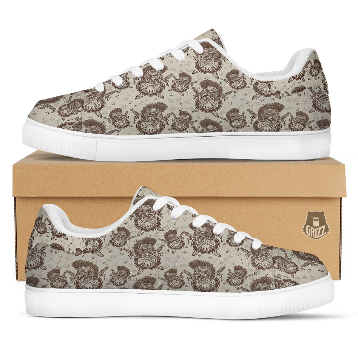 Helmet Spartan Warrior Print Pattern White Low Top Sneakers-grizzshop