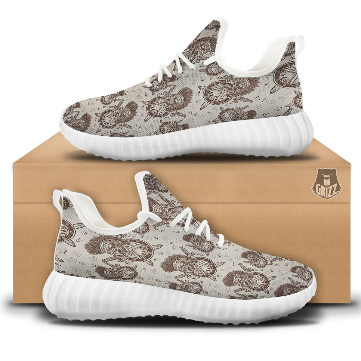 Helmet Spartan Warrior Print Pattern White Walking Shoes-grizzshop