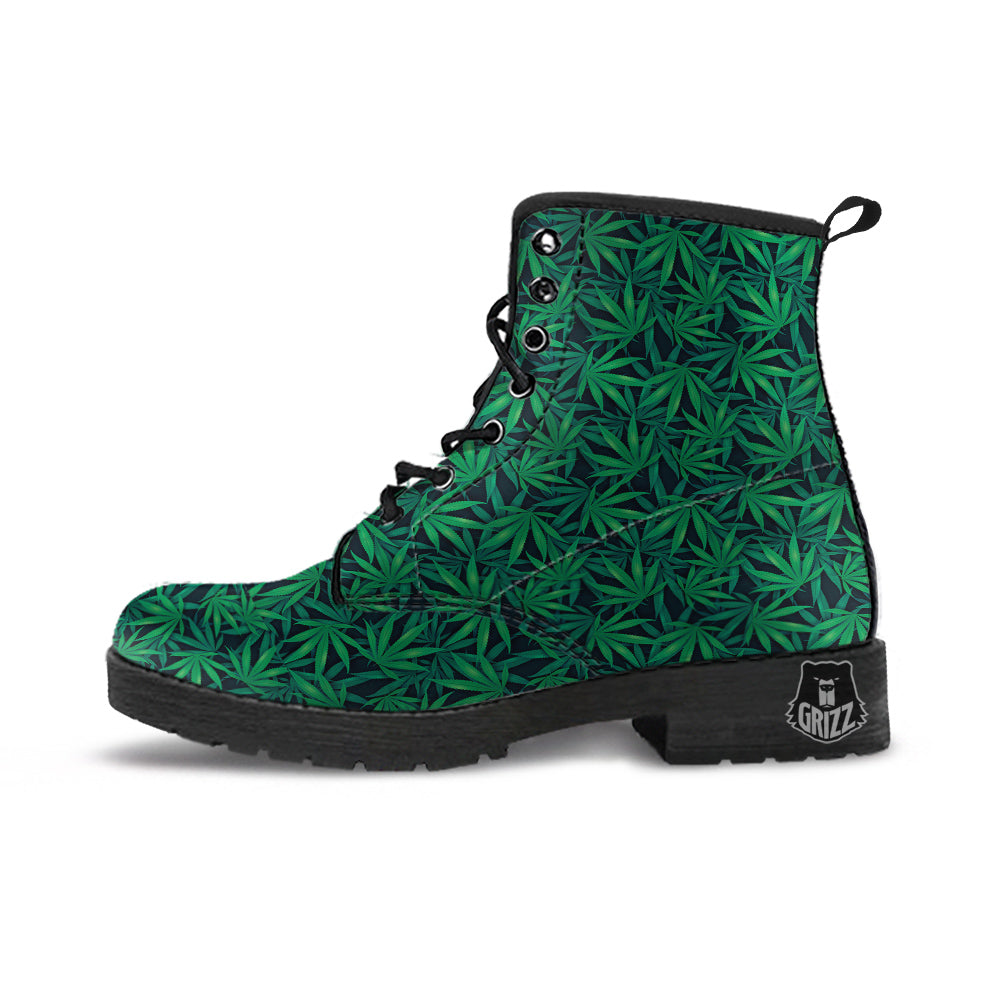 Hemp Dark Green Print Pattern Leather Boots-grizzshop