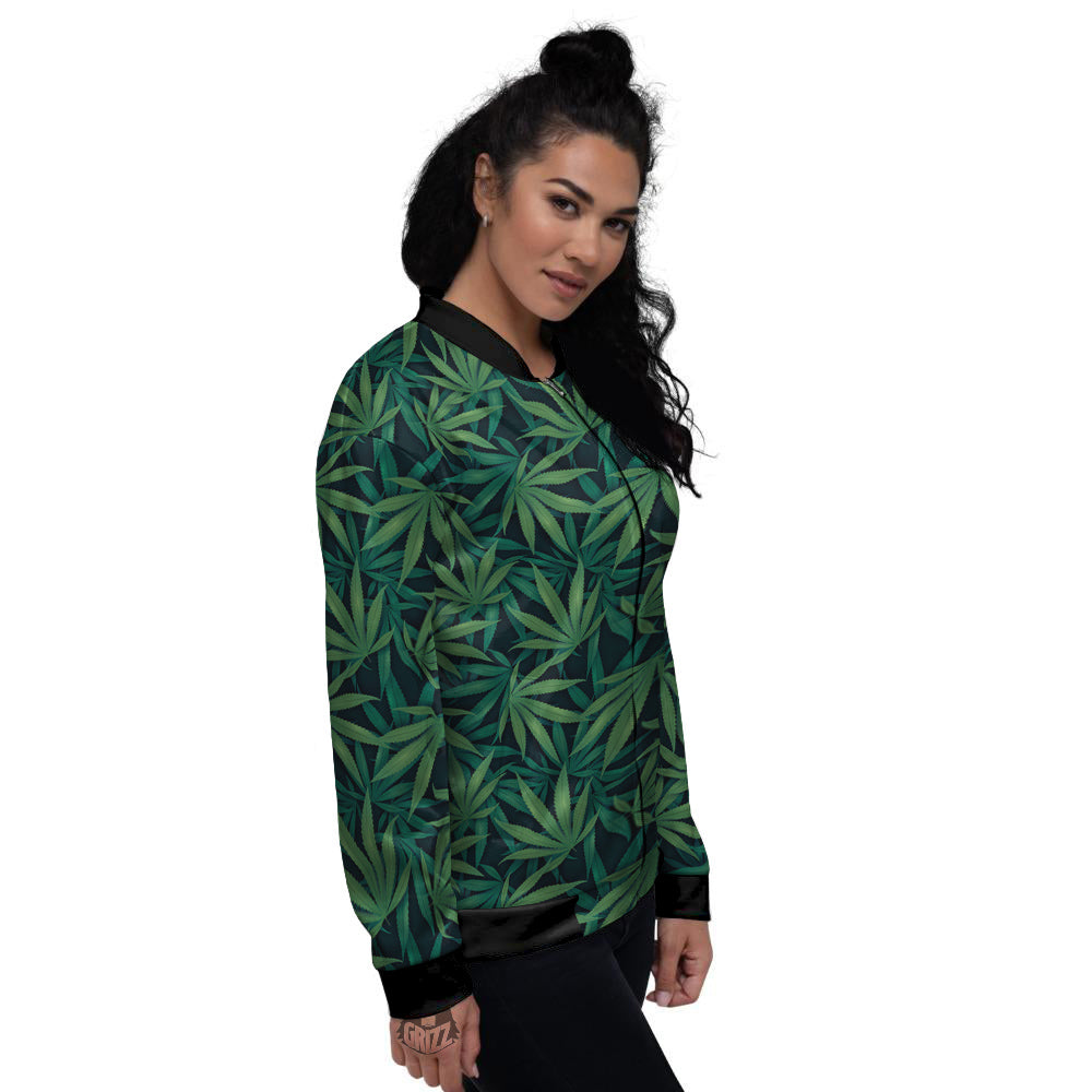 Hemp Dark Green Print Pattern Women's Bomber Jacket-grizzshop