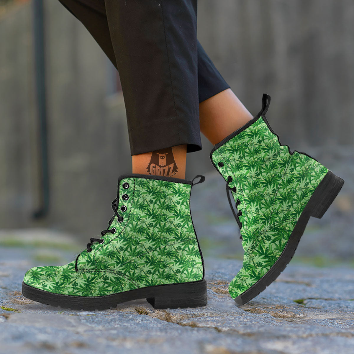 Hemp Leaf Print Pattern Leather Boots-grizzshop