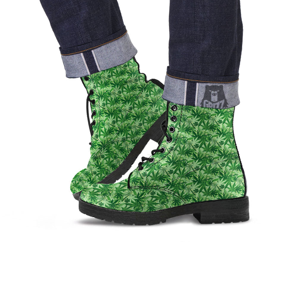 Hemp Leaf Print Pattern Leather Boots-grizzshop