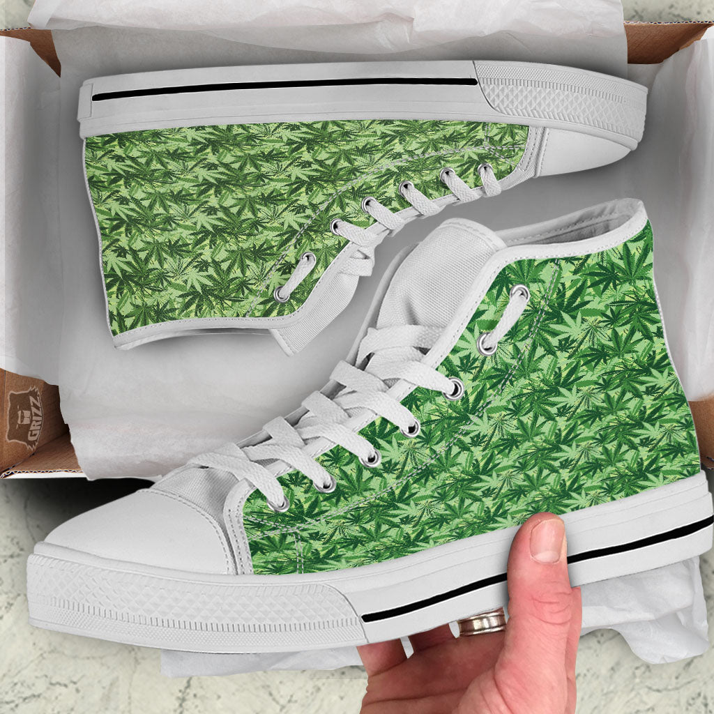 Hemp Leaf Print Pattern White High Top Shoes-grizzshop