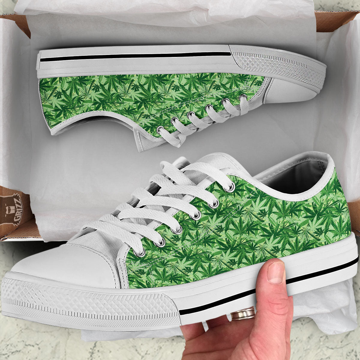 Hemp Leaf Print Pattern White Low Top Shoes-grizzshop