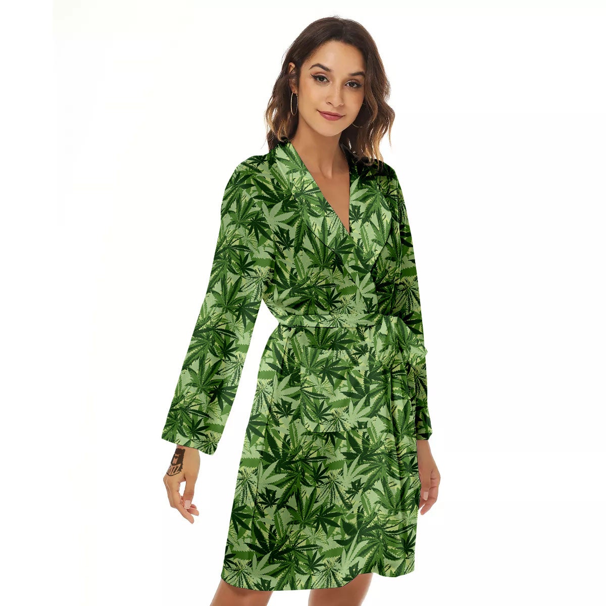 Hemp Leaf Print Pattern Women's Robe-grizzshop