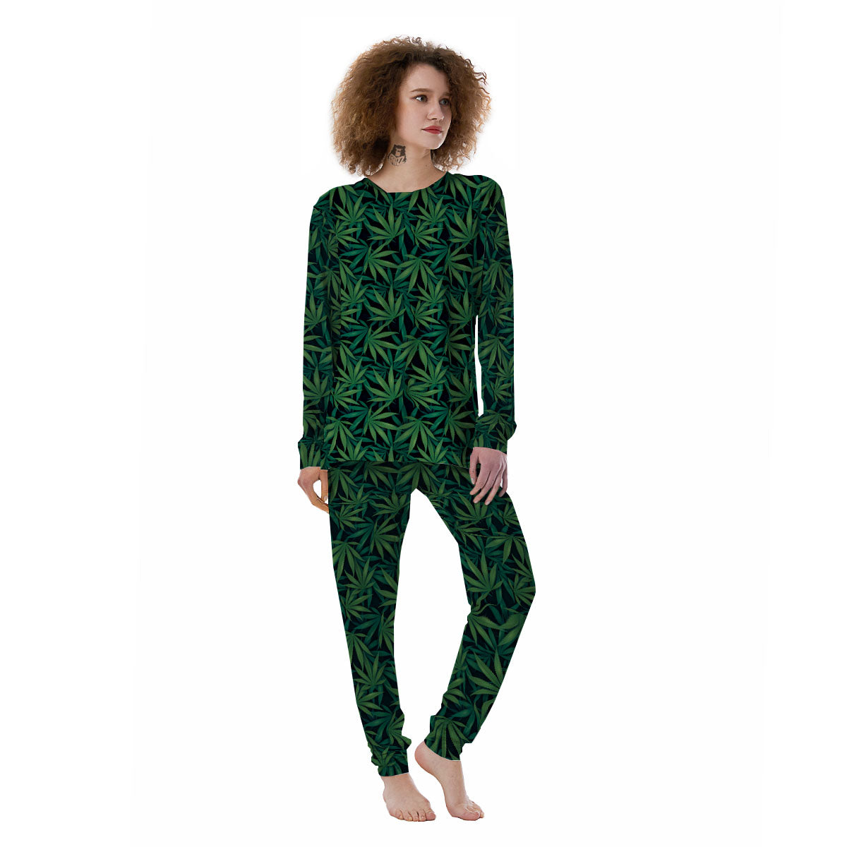 Hemp Leaves Green Print Pattern Women's Pajamas-grizzshop
