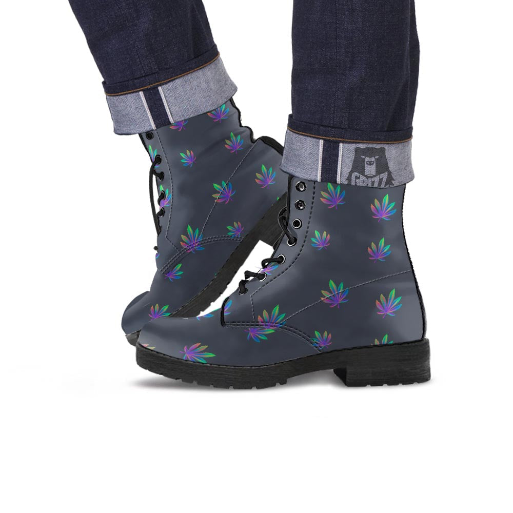 Hemp Leaves Reggae Trippy Print Pattern Leather Boots-grizzshop