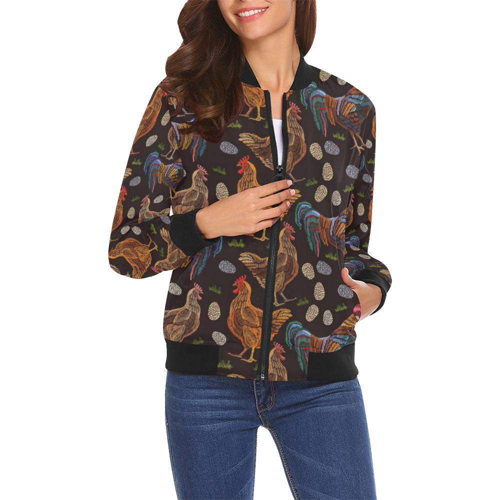 Hen Farm Chicken Eggs Pattern Print Women Casual Bomber Jacket-grizzshop