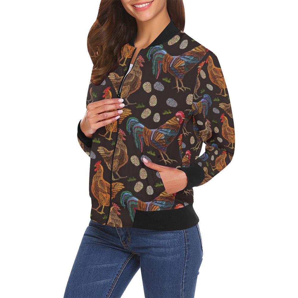 Hen Farm Chicken Eggs Pattern Print Women Casual Bomber Jacket-grizzshop