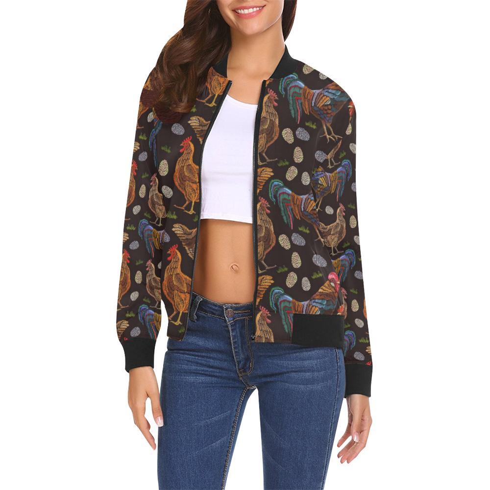 Hen Farm Chicken Eggs Pattern Print Women Casual Bomber Jacket-grizzshop