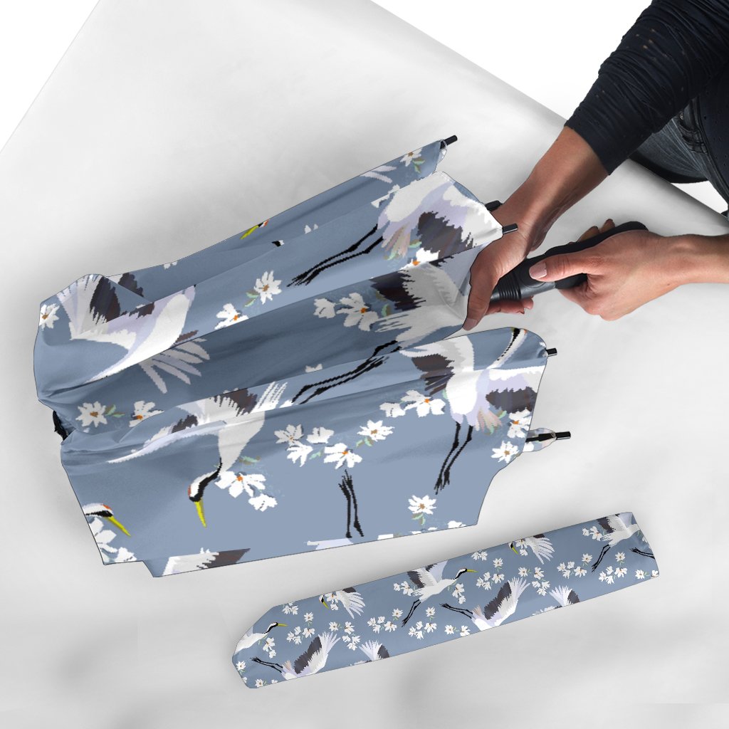 Heron Floral Pattern Print Automatic Foldable Umbrella-grizzshop