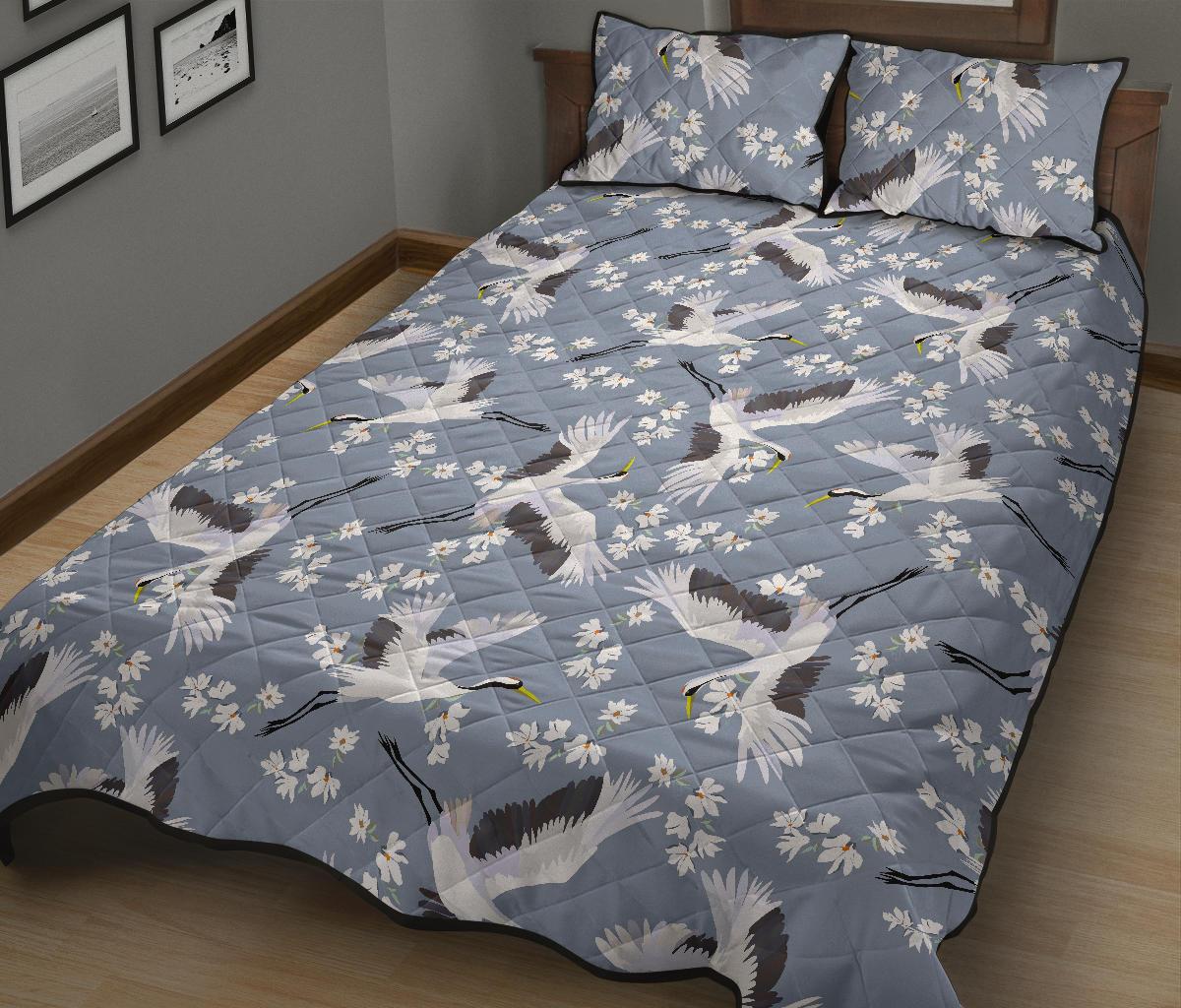 Heron Floral Pattern Print Bed Set Quilt-grizzshop