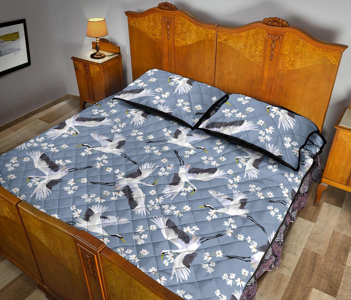 Heron Floral Pattern Print Bed Set Quilt-grizzshop