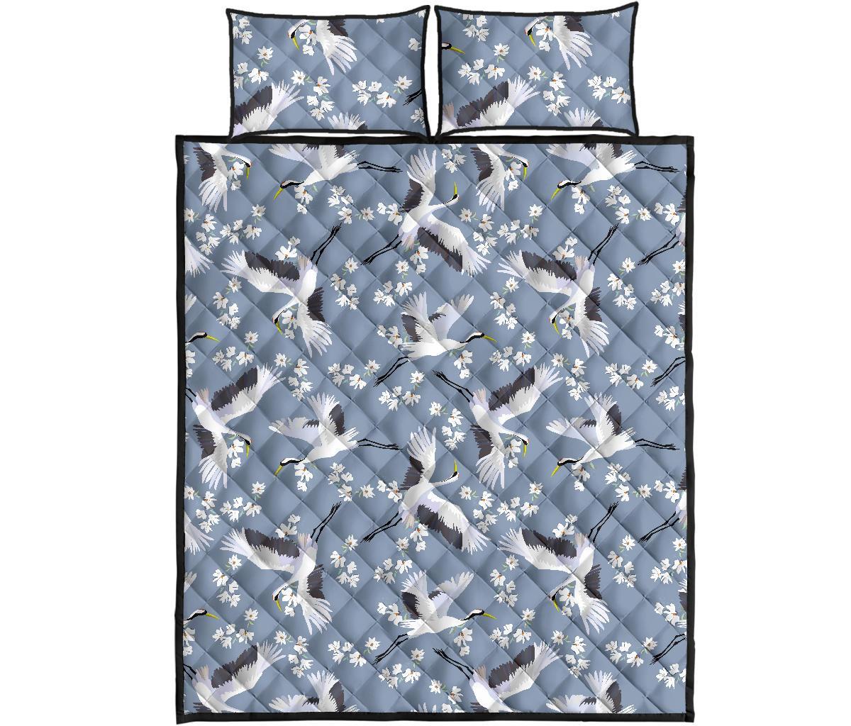Heron Floral Pattern Print Bed Set Quilt-grizzshop