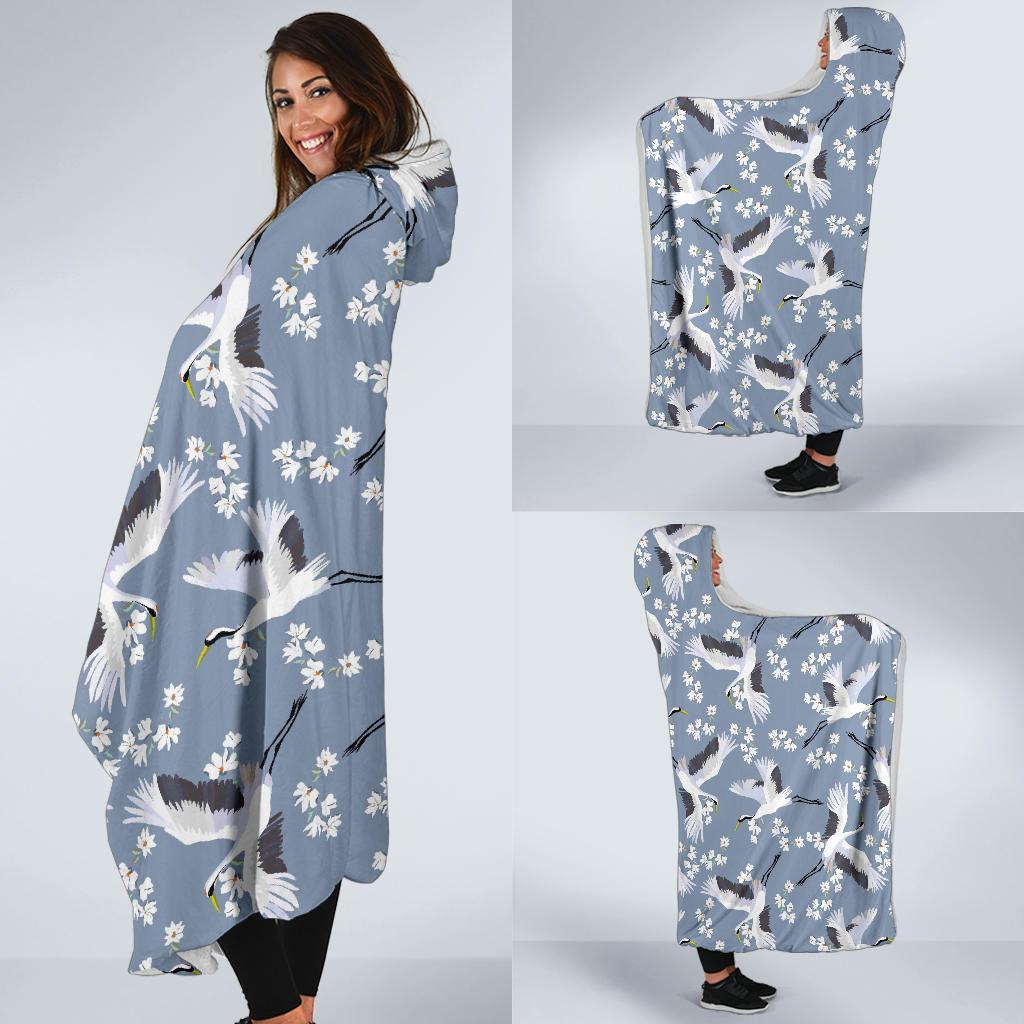 Heron Floral Pattern Print Hooded Blanket-grizzshop