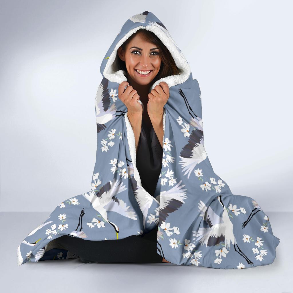 Heron Floral Pattern Print Hooded Blanket-grizzshop