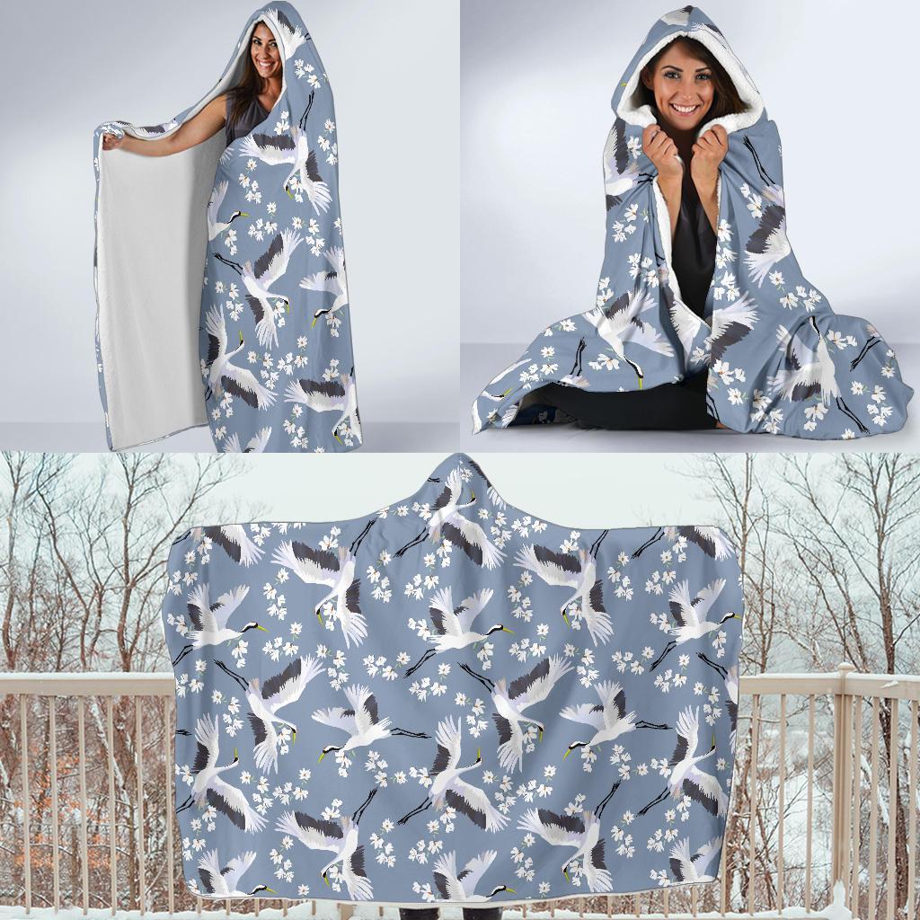 Heron Floral Pattern Print Hooded Blanket-grizzshop