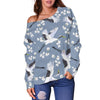 Heron Floral Pattern Print Women Off Shoulder Sweatshirt-grizzshop