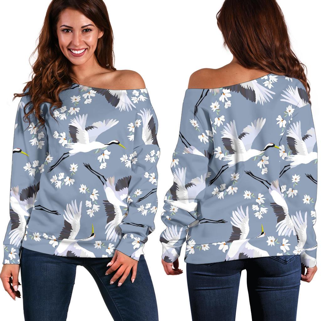 Heron Floral Pattern Print Women Off Shoulder Sweatshirt-grizzshop