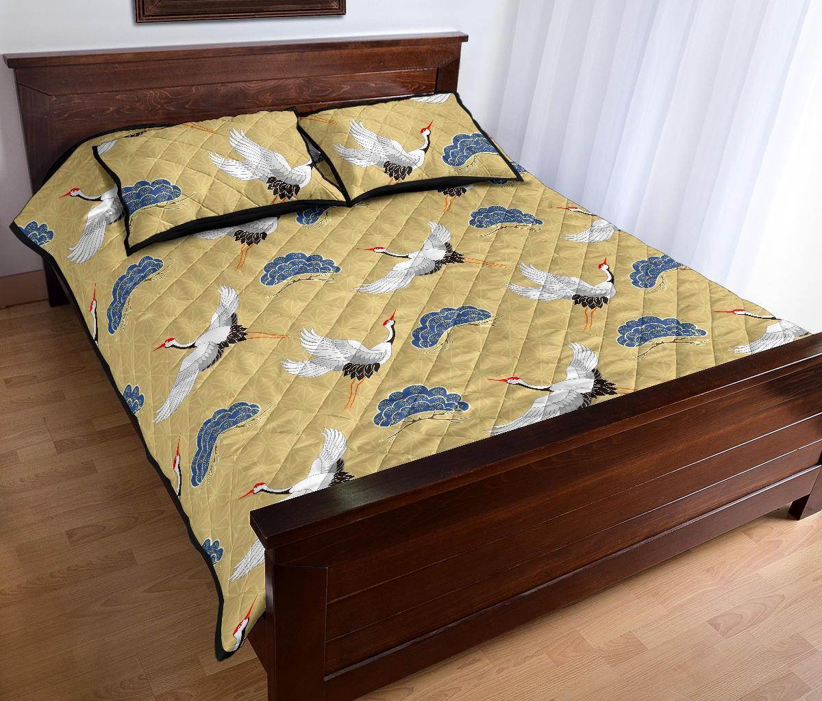 Heron Japanese Pattern Print Bed Set Quilt-grizzshop