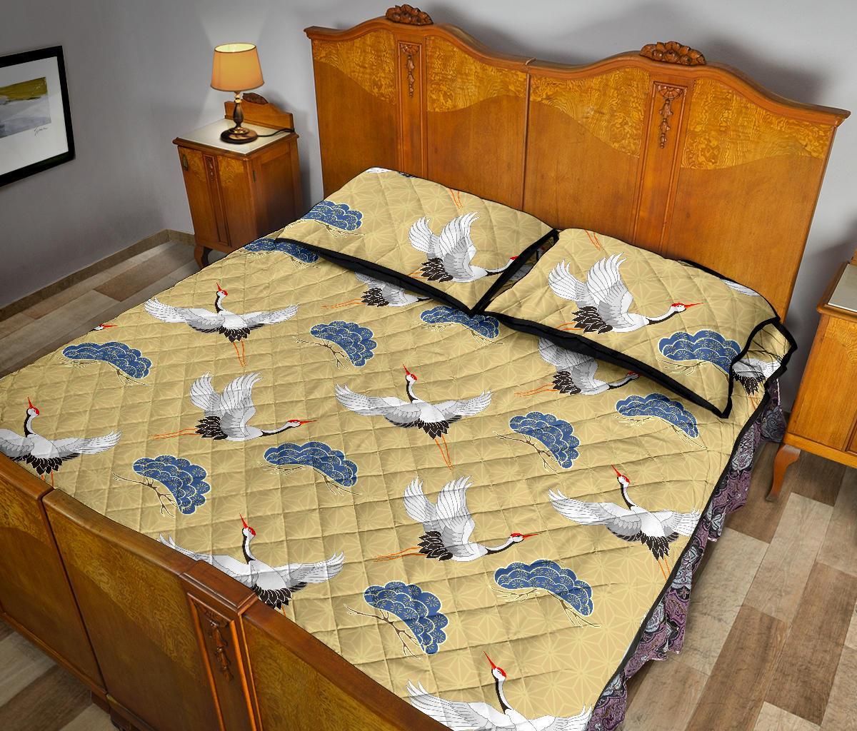 Heron Japanese Pattern Print Bed Set Quilt-grizzshop