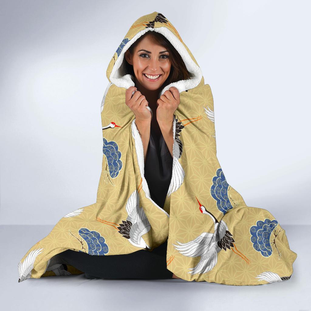 Heron Japanese Pattern Print Hooded Blanket-grizzshop