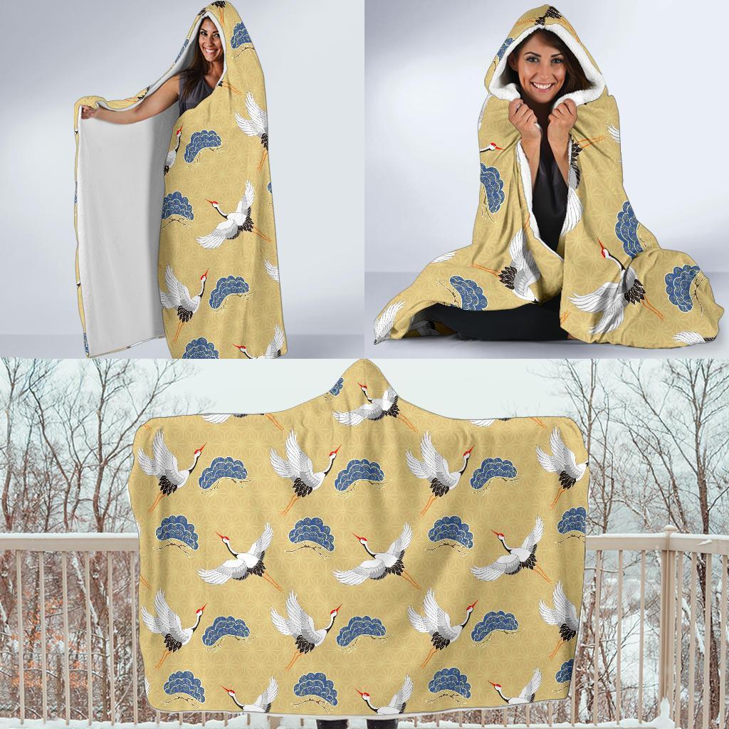 Heron Japanese Pattern Print Hooded Blanket-grizzshop