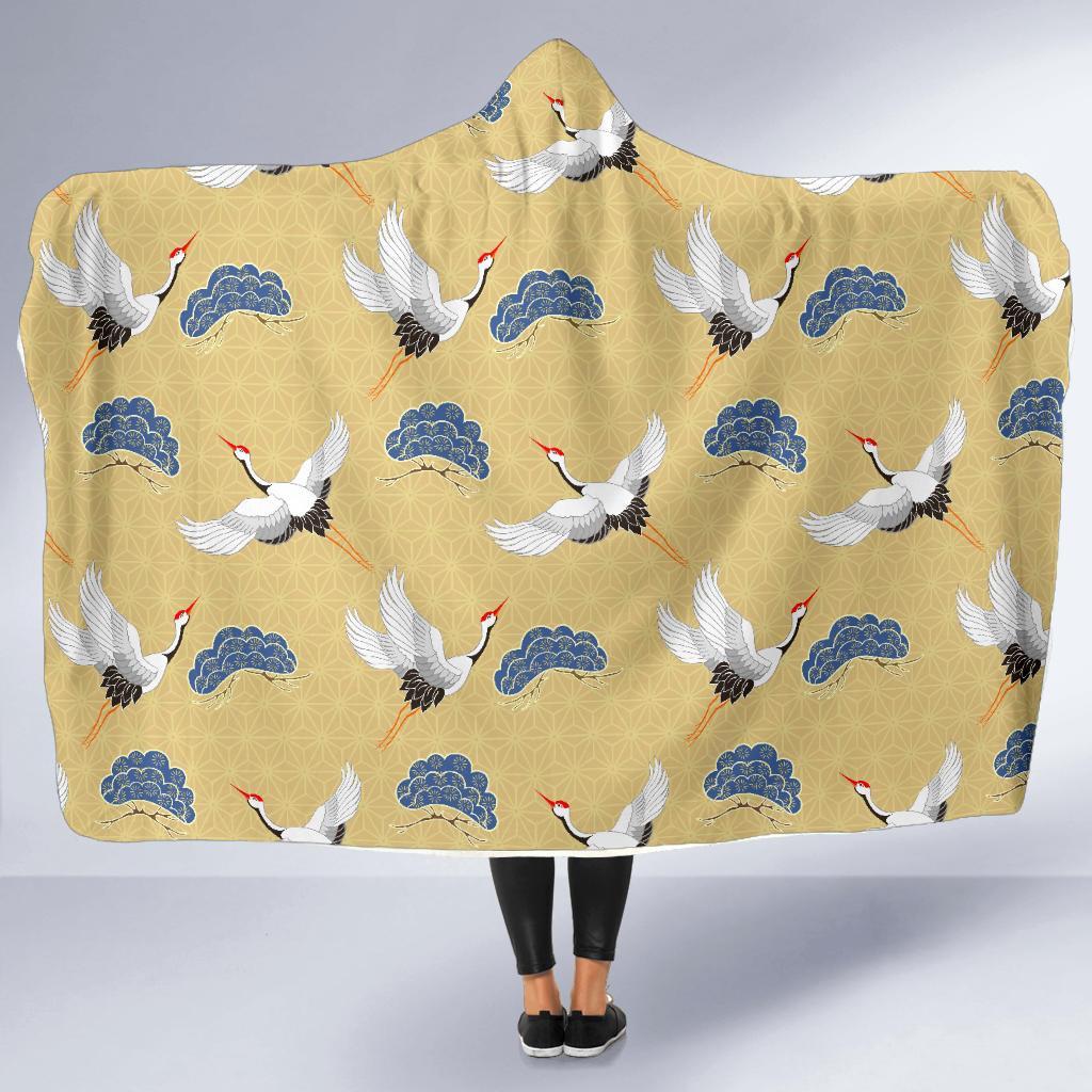 Heron Japanese Pattern Print Hooded Blanket-grizzshop