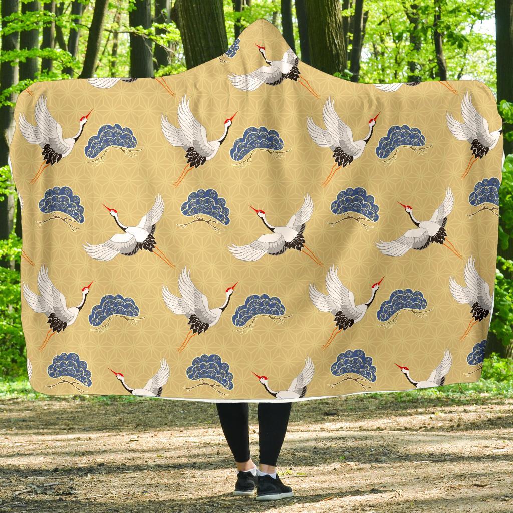 Heron Japanese Pattern Print Hooded Blanket-grizzshop