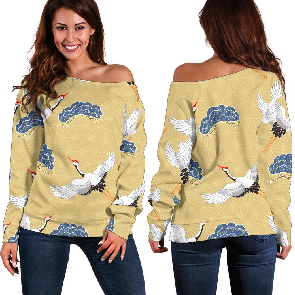 Heron Japanese Pattern Print Women Off Shoulder Sweatshirt-grizzshop