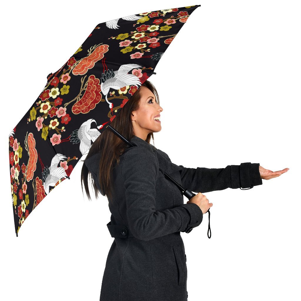 Heron Japanese Print Pattern Automatic Foldable Umbrella-grizzshop