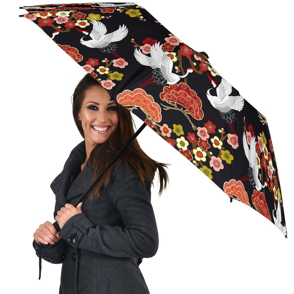 Heron Japanese Print Pattern Automatic Foldable Umbrella-grizzshop