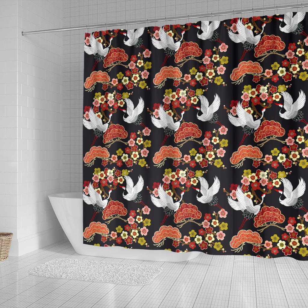 Heron Japanese Print Pattern Bathroom Shower Curtain-grizzshop