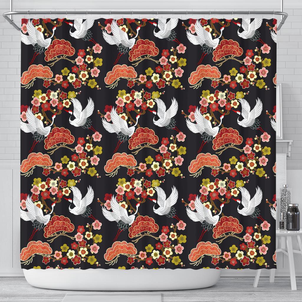 Heron Japanese Print Pattern Bathroom Shower Curtain-grizzshop