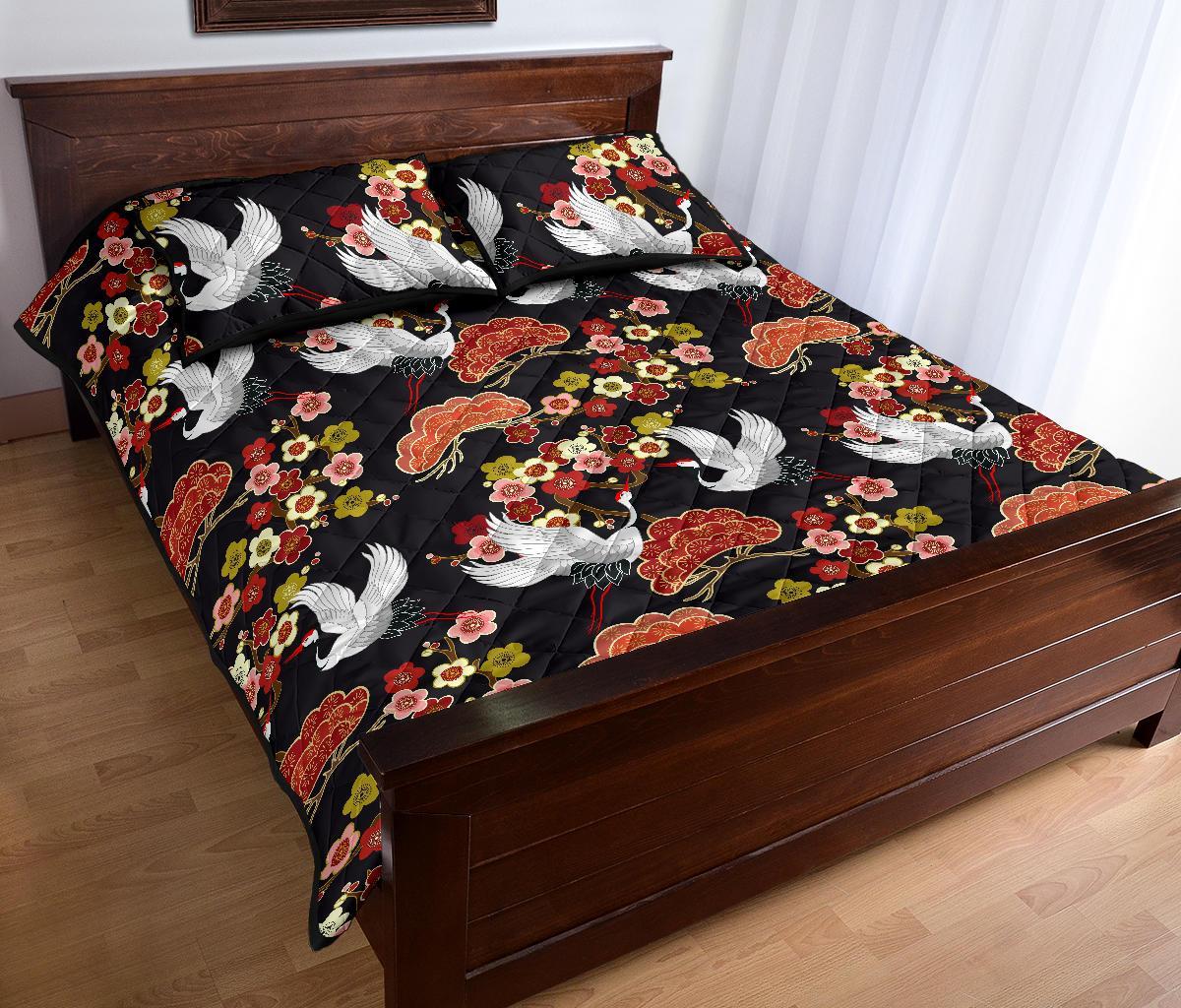 Heron Japanese Print Pattern Bed Set Quilt-grizzshop