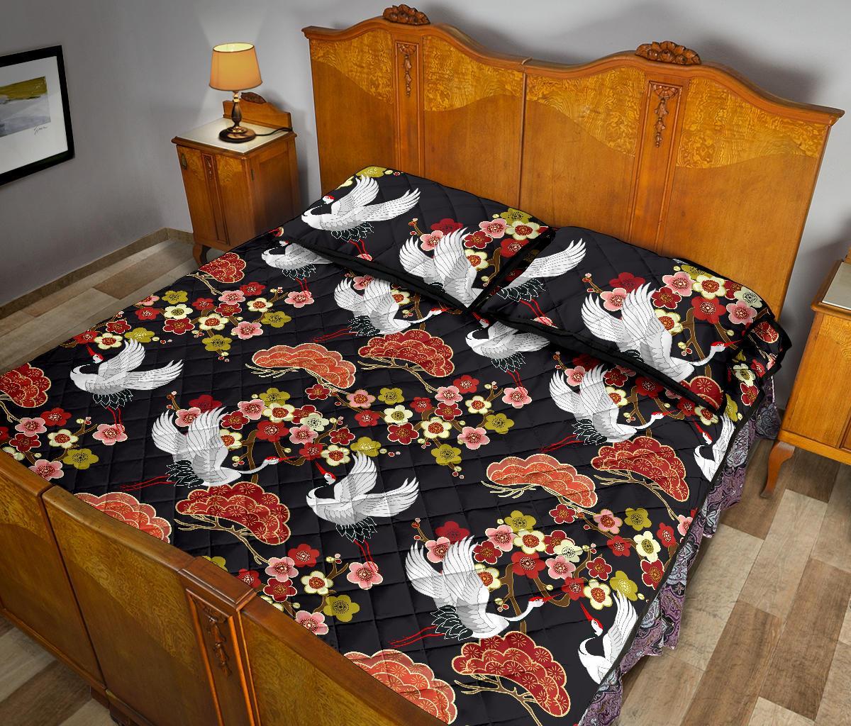Heron Japanese Print Pattern Bed Set Quilt-grizzshop
