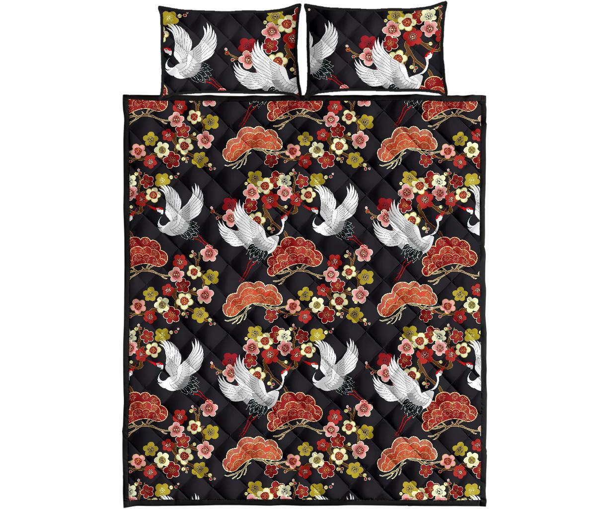 Heron Japanese Print Pattern Bed Set Quilt-grizzshop