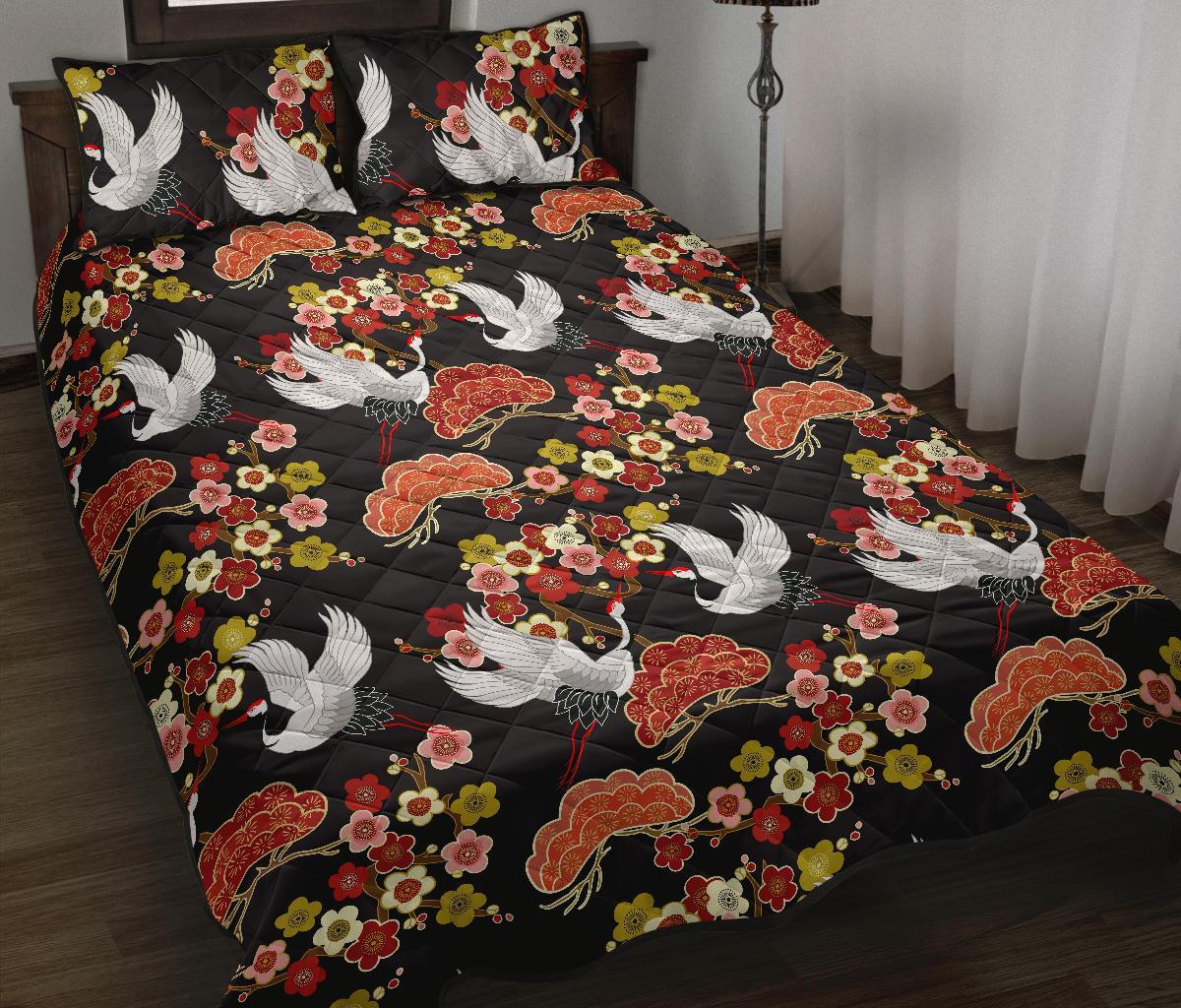 Heron Japanese Print Pattern Bed Set Quilt-grizzshop
