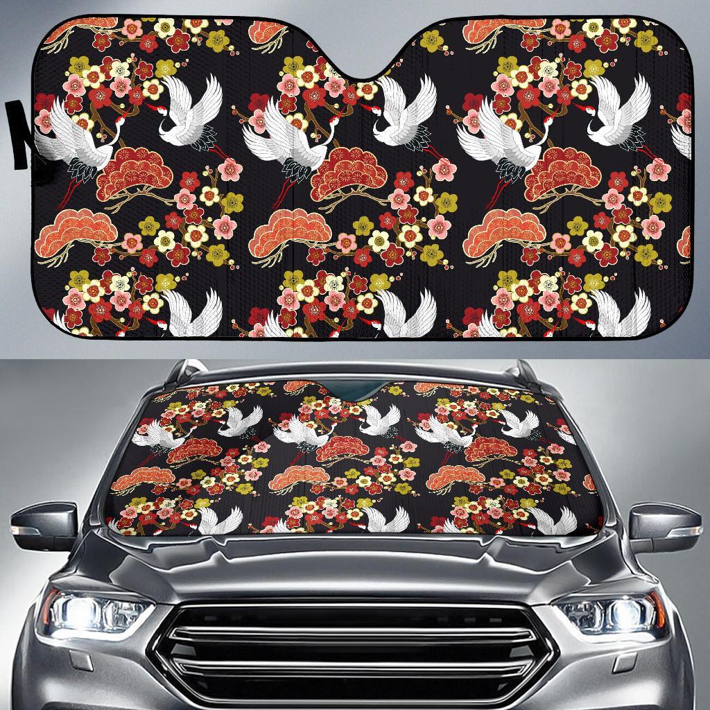 Heron Japanese Print Pattern Car Sun Shade-grizzshop