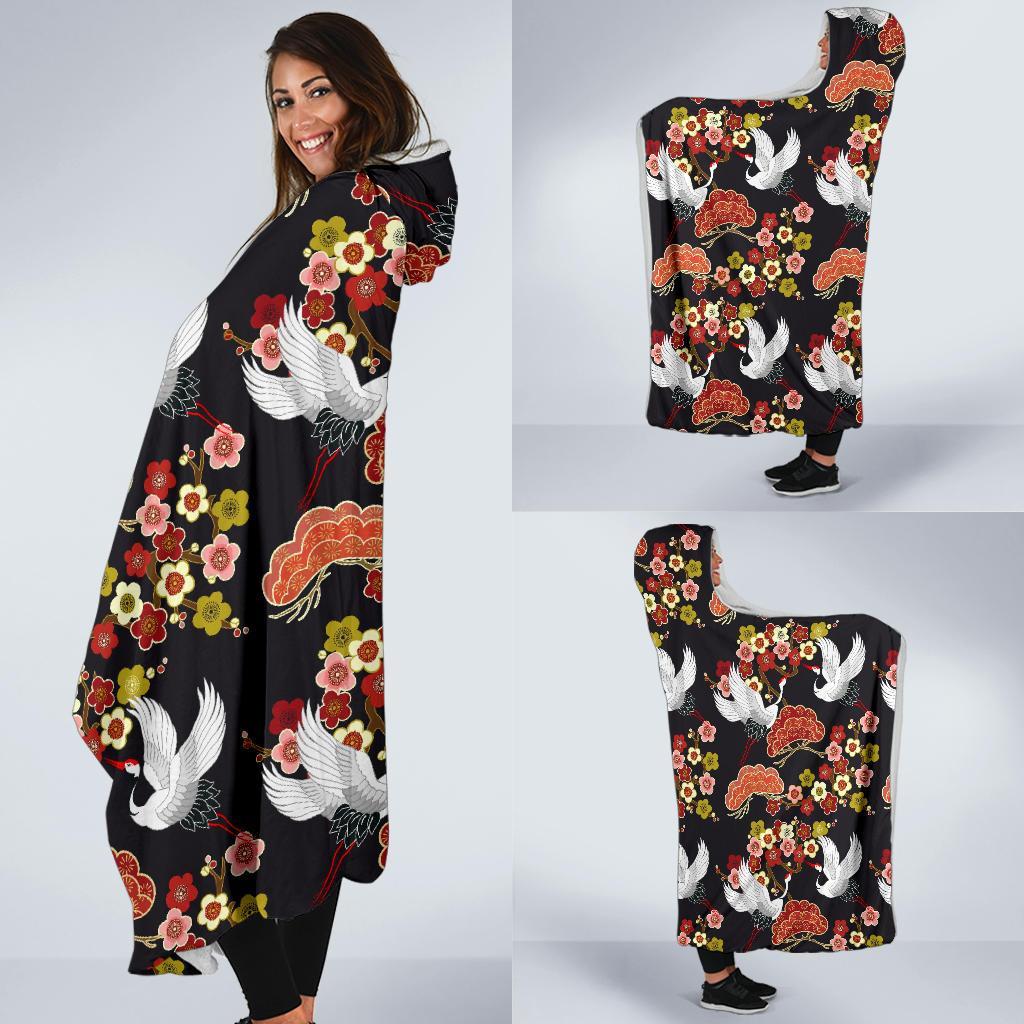 Heron Japanese Print Pattern Hooded Blanket-grizzshop