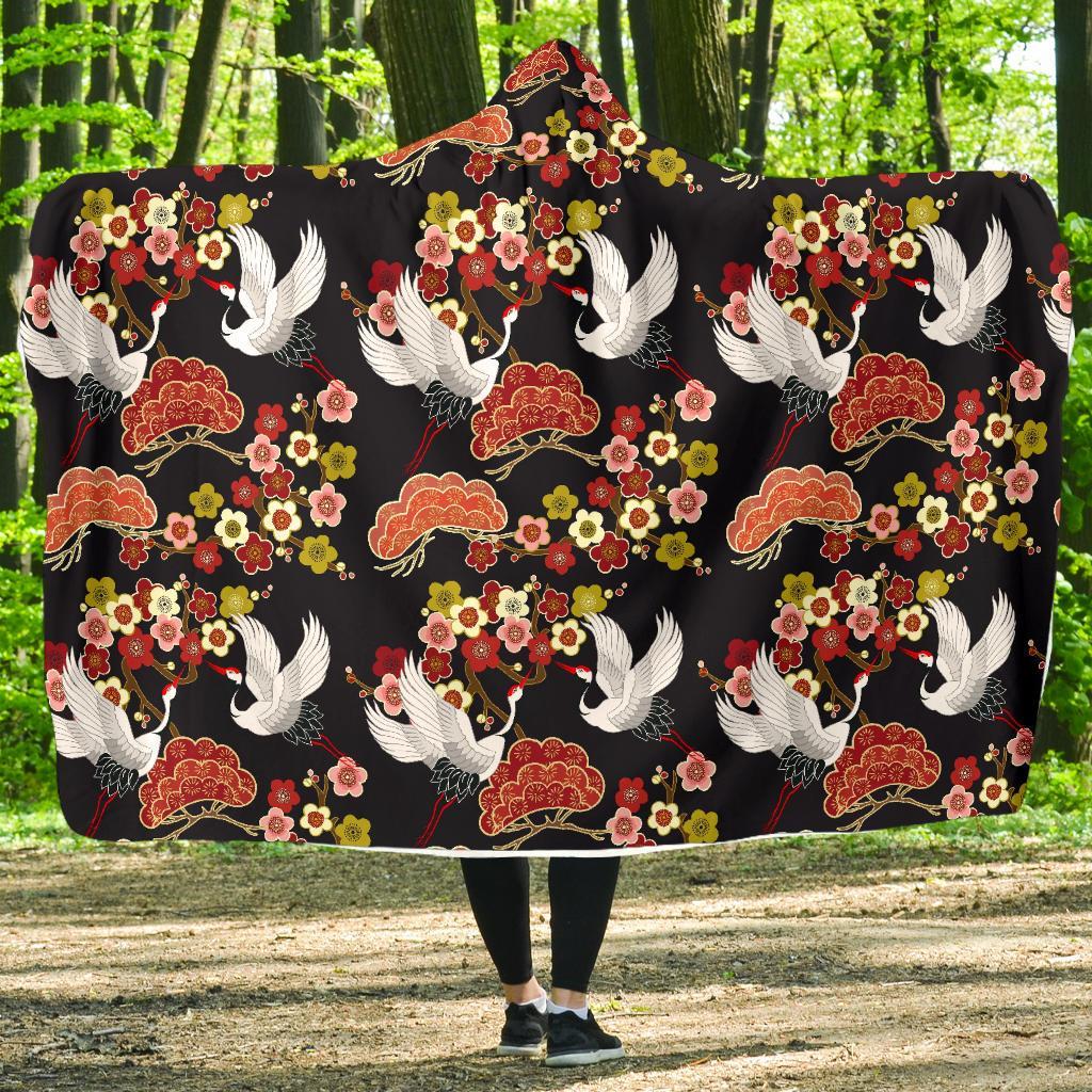 Heron Japanese Print Pattern Hooded Blanket-grizzshop