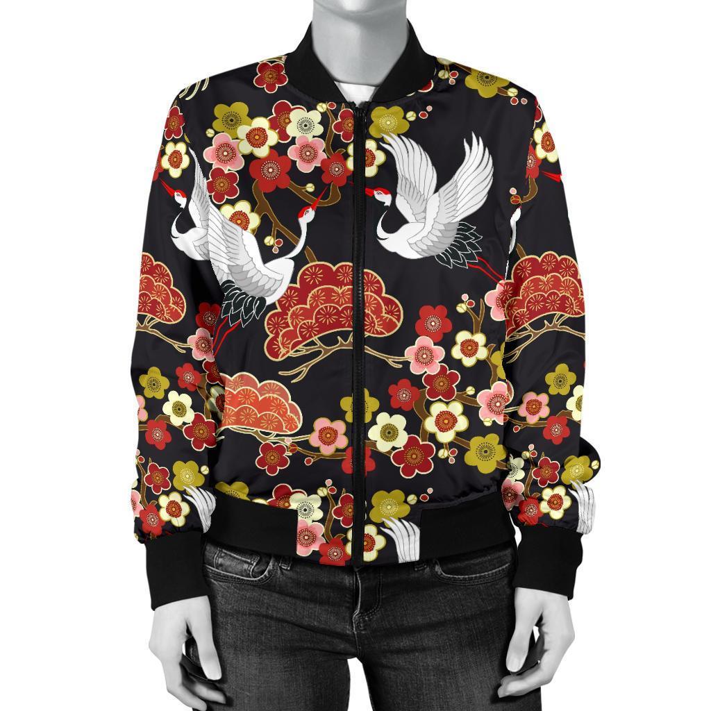 Heron Japanese Print Pattern Women Casual Bomber Jacket-grizzshop