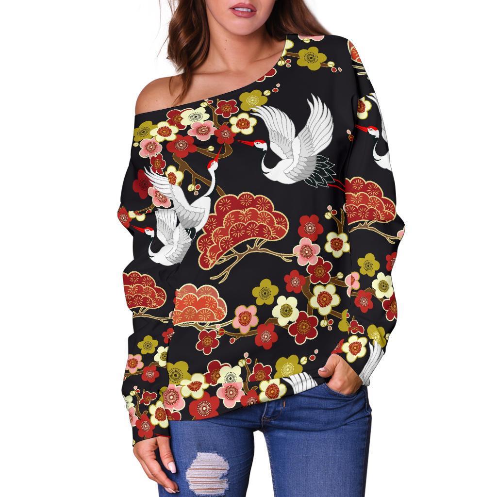 Heron Japanese Print Pattern Women Off Shoulder Sweatshirt-grizzshop