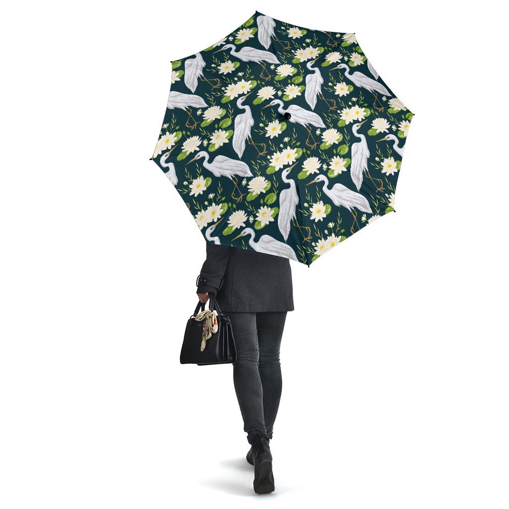 Heron Lotus Pattern Print Automatic Foldable Umbrella-grizzshop