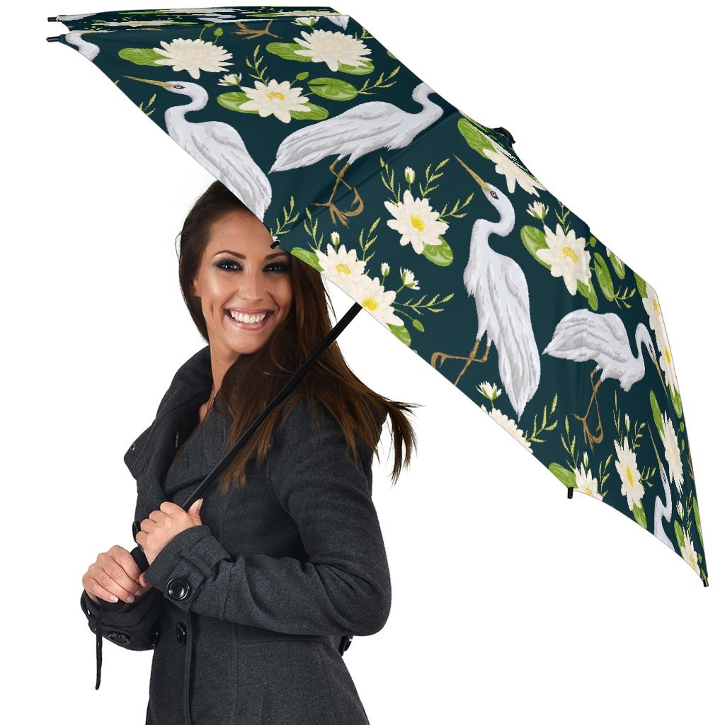 Heron Lotus Pattern Print Automatic Foldable Umbrella-grizzshop