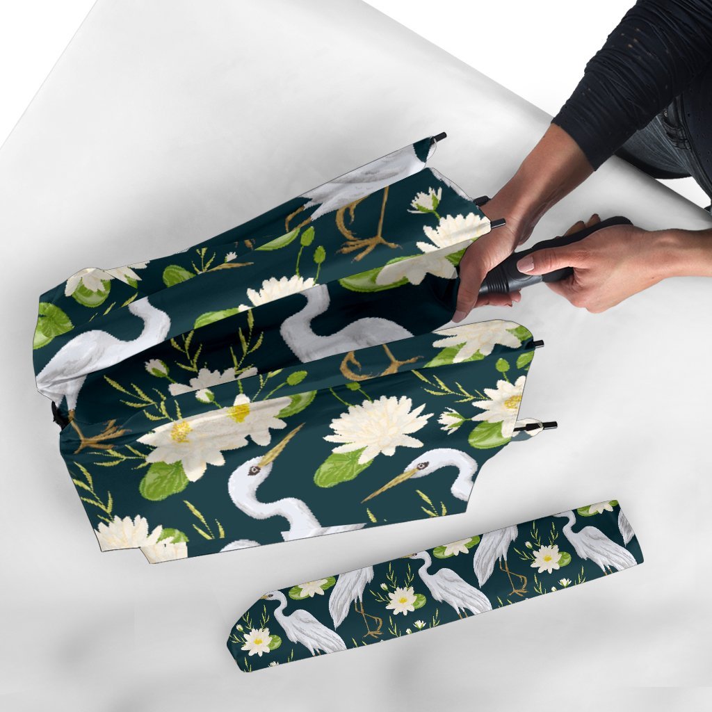 Heron Lotus Pattern Print Automatic Foldable Umbrella-grizzshop