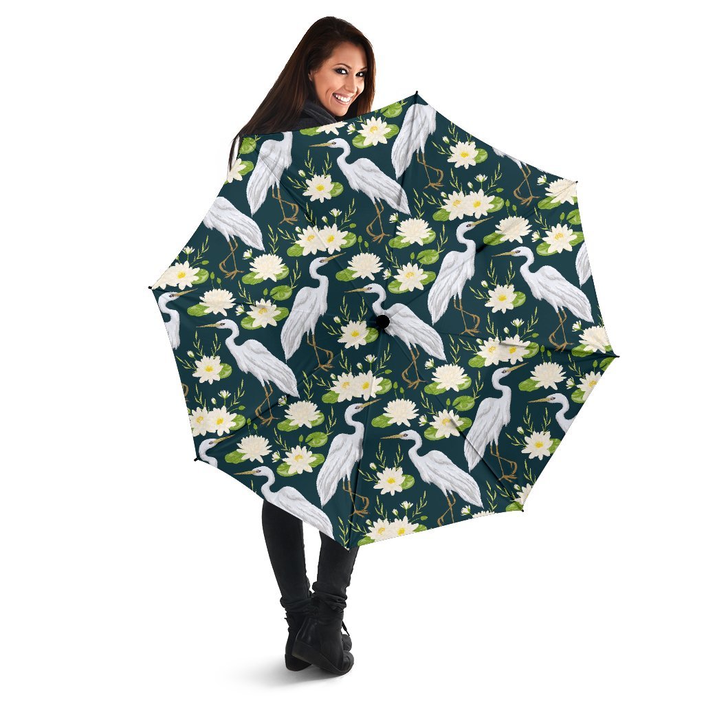 Heron Lotus Pattern Print Automatic Foldable Umbrella-grizzshop